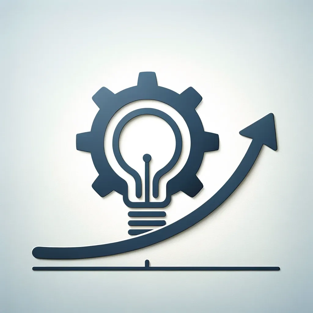 Light bulb inside gear with upward arrow representing innovation and growth