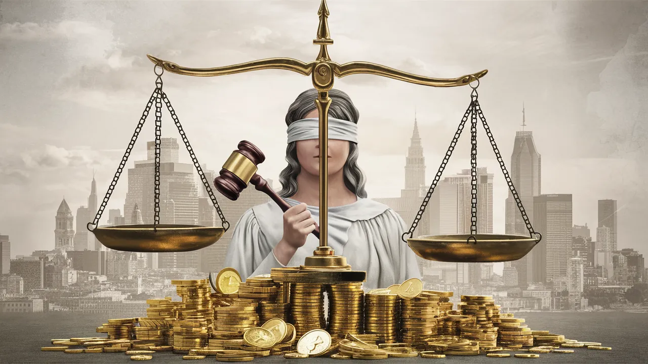 Blindfolded Lady Justice holding gavel with scales and stacks of gold coins