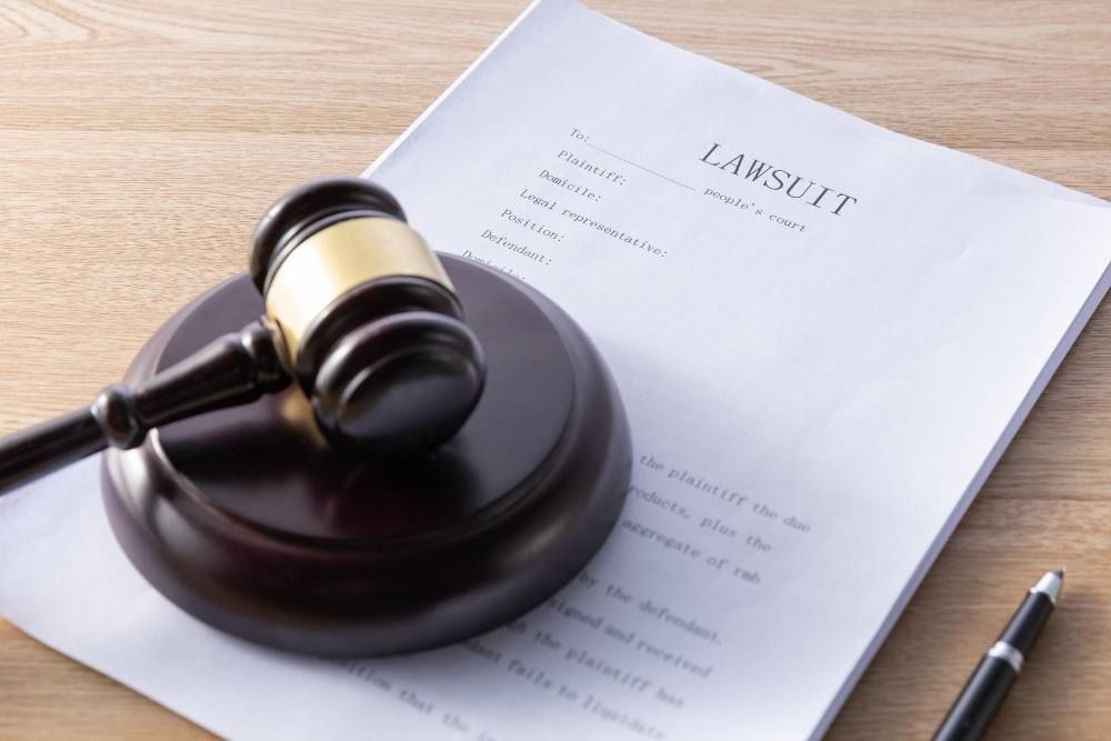 Judge's gavel resting on lawsuit document with plaintiff and defendant fields