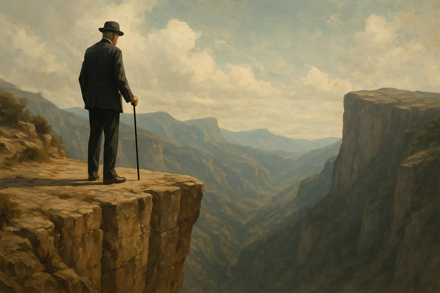 Man in suit with cane standing on cliff edge overlooking vast canyon