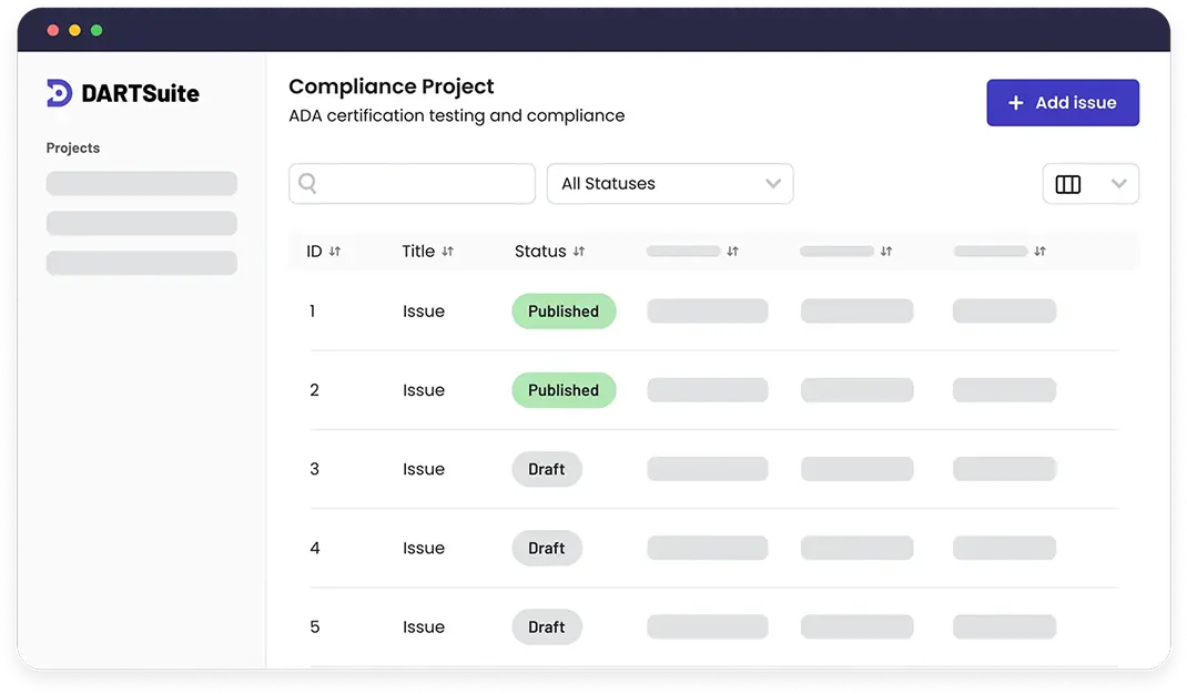 A screenshot of DARTSuite's platform displaying a list of digital compliance issues