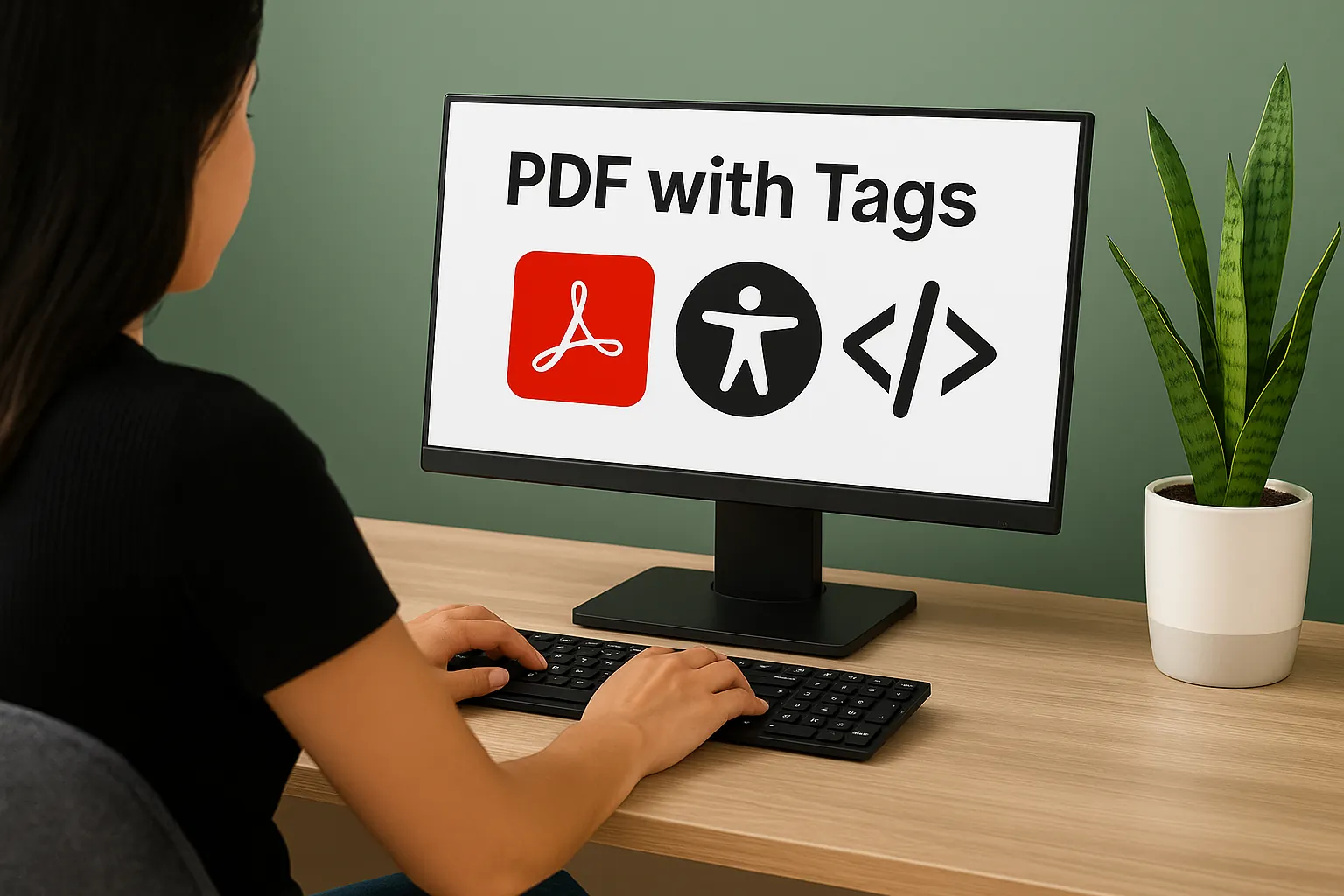 Computer monitor displays 'PDF with Tags' with Adobe PDF, accessibility, and HTML code icons