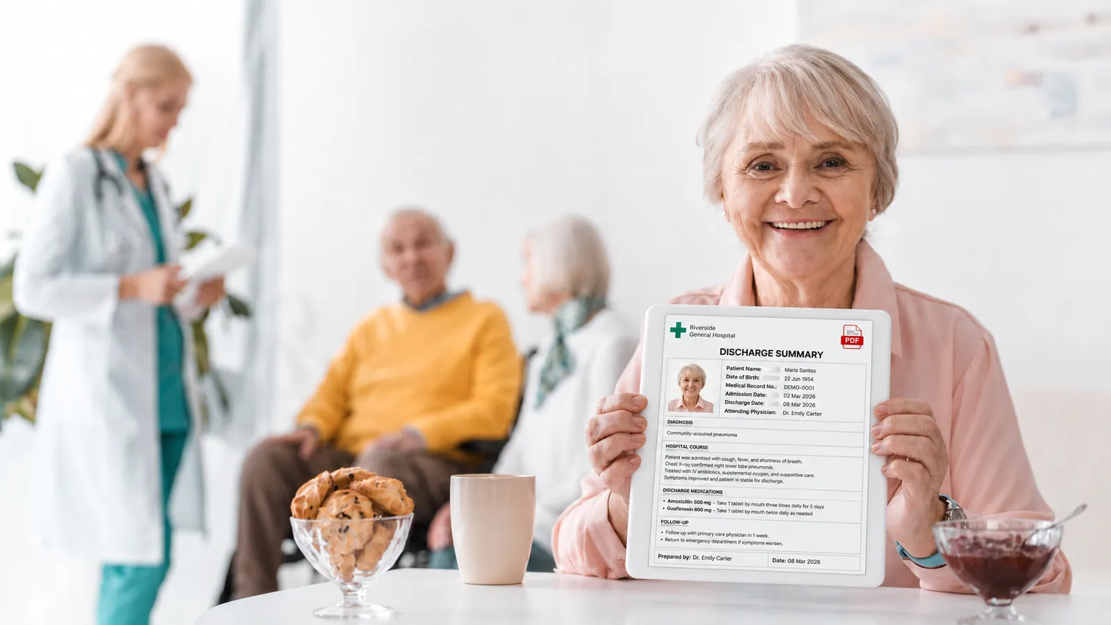 Older woman holding a tablet showing a hospital discharge summary PDF