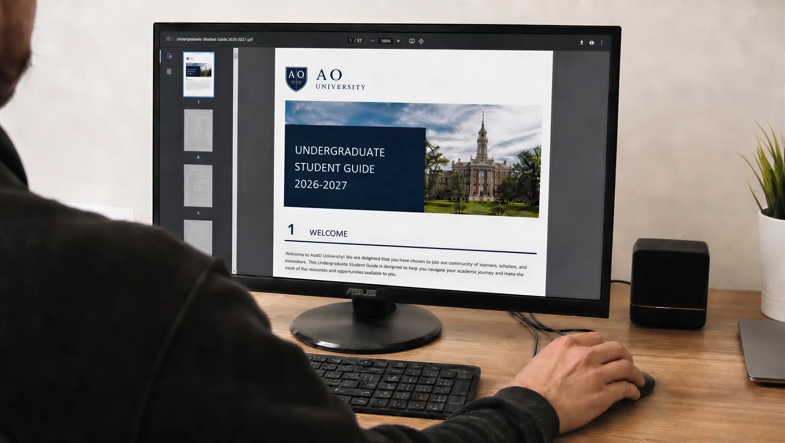 AO University PDF Interface on monitor, person working on the computer back view, mouse and keyboard on the table