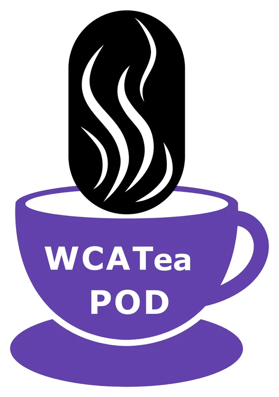 WCATea Pod logo, a purple teacup with a microphone rising from it