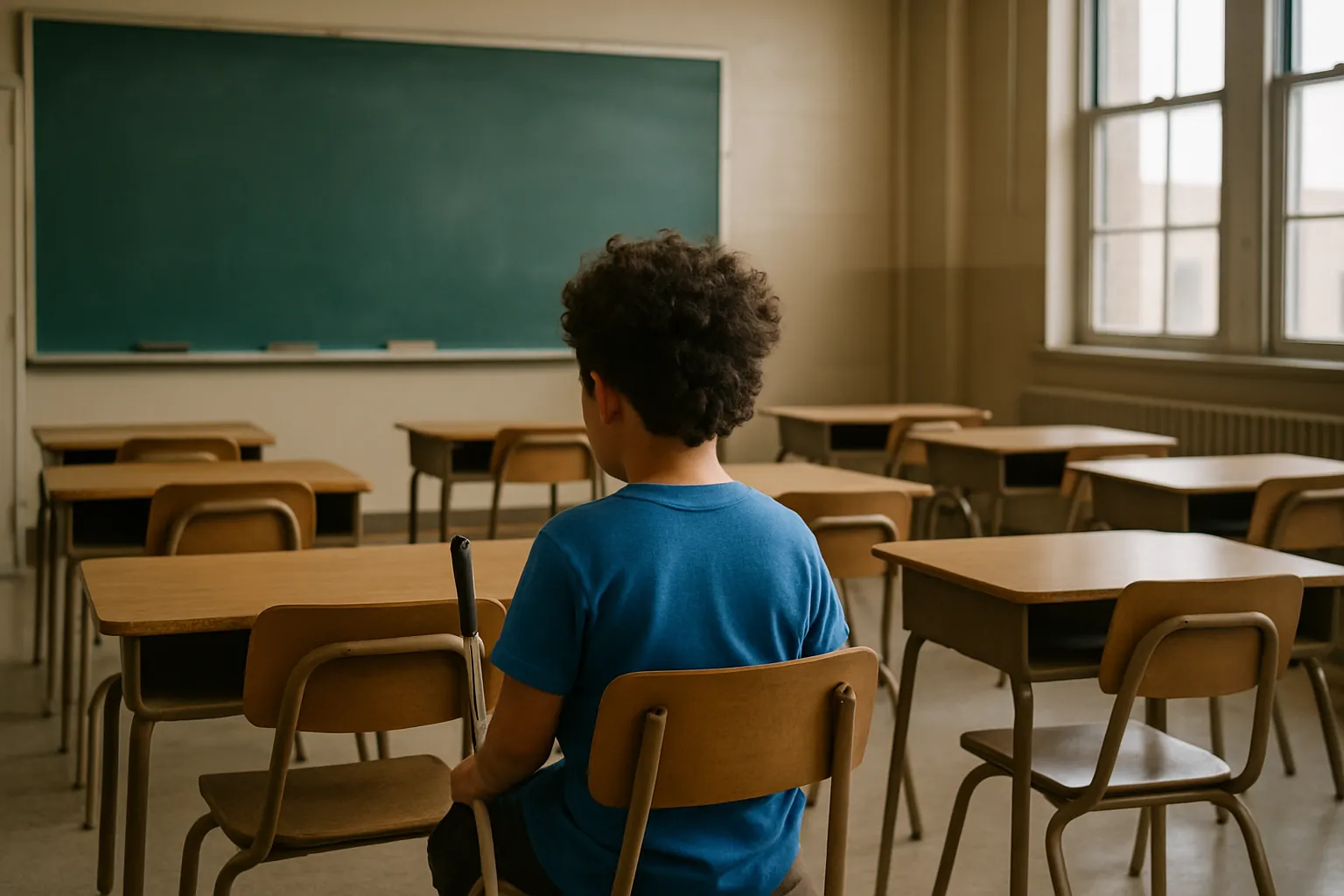 Student in blue shirt sits alone facing empty chalkboard in classroom