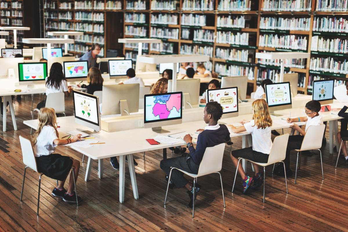 K-12 students using educational websites in modern library, digital accessibility in action