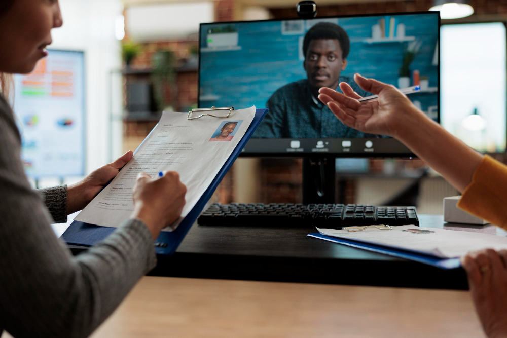 Two people reviewing resume with photo during video call interview