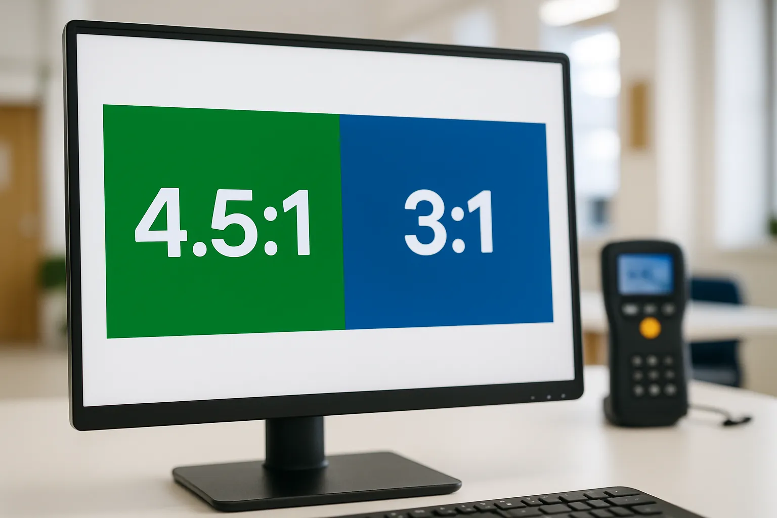 Monitor displaying WCAG 2.1 AA contrast ratios: 4.5:1 minimum for normal text, 3:1 minimum for large text